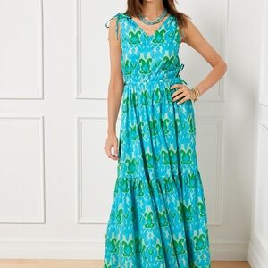 Talbots Petite 12P Blue & Green Tiered Maxi Dress